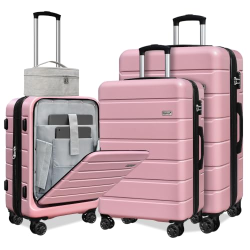 Image of KEYTANG SmileLine 3-Piece Luggage Set Lightweight Hardside Suitcase TSA Lock Spinner Wheels, 20 inch Expandable Carry-On Luggage with Quick Access Front Open Pocket, Bonus Makeup Bag,Pink