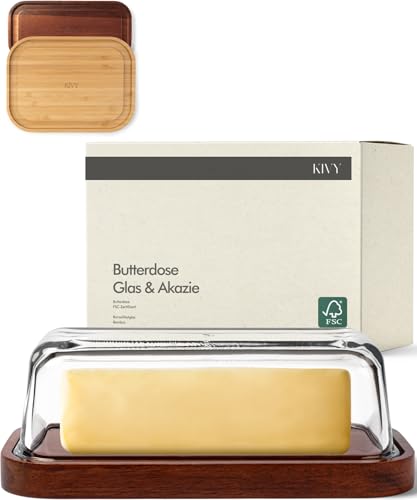 KIVY Butterdose Glas mit luftdichtem Deckel für streichzarte Butter - BPA Frei - Butterdosen - Butter dish - Butterschale mit Deckel - Butterdose mit Deckel - Butter Box Dose - Butterbox Akazie Holz