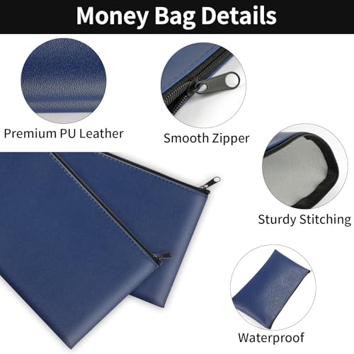 4 Pack Money Bags with Zipper, 11x6.1 Inch PU Leather Cash Pouch, Secure Bank Bag for Coins, Bills, Checks, Invoices, Cosmetics, Tools (Blue) - Thumbnail 3