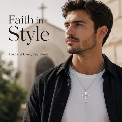Image of M Men Style Religious Lord Jesus Christain Christ Cross Black and Silver Stainless Steel Pendant Necklace Chain for Men and Women SujalPn20221097