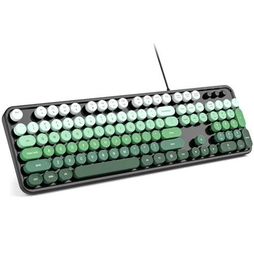 Image of MOWUX Computer Keyboard Wired, Plug and Play USB Retro Round Typewriter Keyboard, Full Size Wired Keyboard with Foldable Stands for Laptop and Office PC- Black Green Gradient