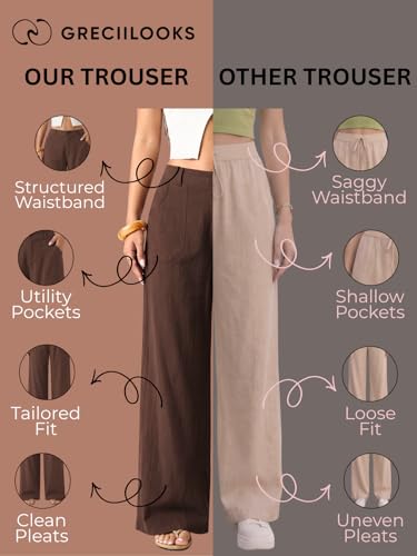 Image of GRECIILOOKS Beige Wide Leg Linen Trousers for Women | High Waist Cotton Baggy Korean Style Casual Pants | Comfortable Formal & Casual Women Trousers