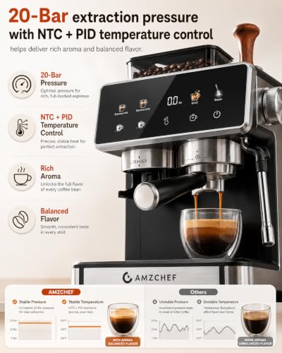 Image of AMZCHEF Espresso Machine with Grinder, Latte & Cappuccino for Home Use | 20 Grind Settings, Built-In Grinder, Hot & Cold Brew, 30s Heat-Up, 3 Temps, 3-10s Pre-Infusion, Milk Frothing, Compact Design