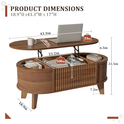 43.3'' Fluted Lift Top Coffee Table with Storage,Modern Oval…