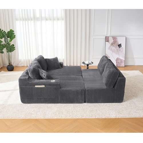 Image of 130 inch Modular Sectional Sleeper Sofa, Modern Cloud Sectional Sofa Couch with Cupholders and Storage, U Shape Boneless Couches for Living Room, Free Combination, No Assembly Required,Dark Grey