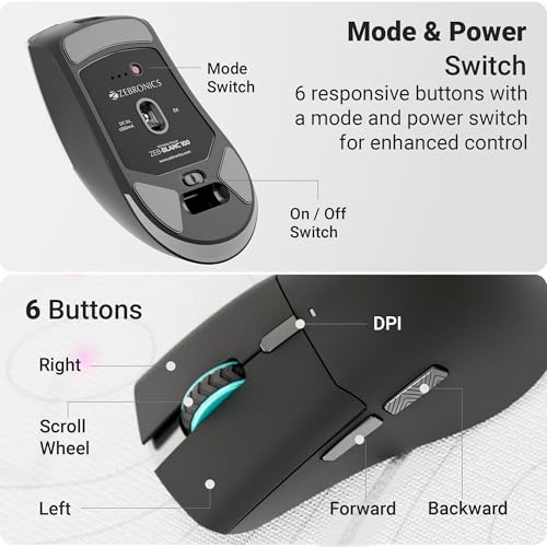 Image of Zebronics Rechargeable Wireless Mouse, Dual Mode 2.4GHz + BT, Upto 2400 DPI, 6 Buttons, USB Nano Receiver, Type-C, Silent Operation, Ergonomic Design (Blanc 100, Black)
