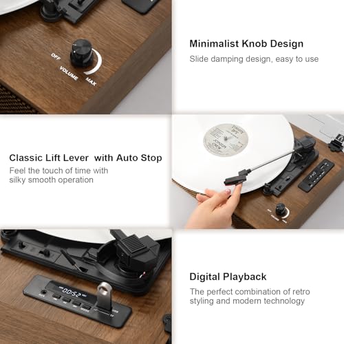 Image of Vinyl Record Player Extended Size with Bluetooth Playback, Built-in Speakers, USB Recording, LED Display, 3-Speed Turntable - Walnut