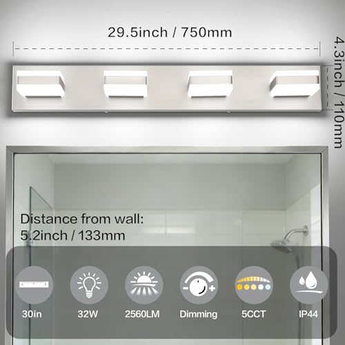 Image of SOLFART Bathroom Vanity Lights, Adjustable Brushed Nickel Vanity Light for Bathroom,LED Light Fixtures Over Mirror,5 Color Temperature 4 Lights 5CCT