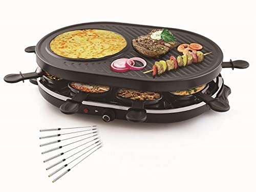 Juego de raclette & Grill con superficie de crepe integrada, adecuado para 8 personas, incluye 8 tenedores de teppan, fuertes 1200 W