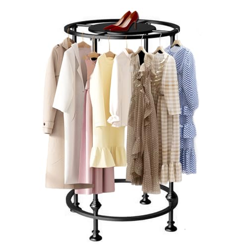 Round Garment Rack, Freestanding Double Space Multi-Purpose Retail Clothing Rack for Clothes Storage, Commercial Clothing Organizer with Topper for Retail Boutique Bedroom, 330lbs Load Capacity(Black)