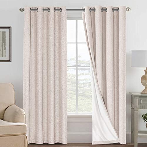 Linen Blackout Curtains 96 Inches Long 100% Absolutely Blackout Thermal Insulated Textured Linen Look Curtain Draperies Anti-Rust Grommet, Energy Saving with White Liner, 2 Panels, Natural