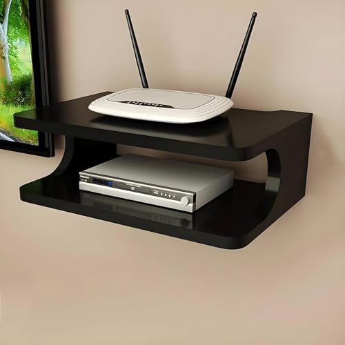 Image of Floating Wall Mounted TV Shelf for Set Top Box, WiFi Router, Gaming Console & Decorative Items | Modern Wall Storage Rack for Living Room, Bedroom & Office (Black)