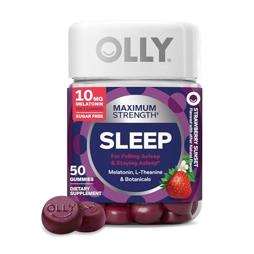 OLLY Max Strength Sleep Gummy, 10mg Melatonin, L-Theanine, Chamomile, Lemon Balm, Sugar Free, Vegetarian Sleep Aid, Strawberry - 50 Count