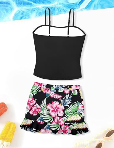 Image of Girls Tankini Swimsuits Size 10-12 Two Piece Gingham Bathing Suit for Girls Drawstring Bikini Set Adjustable Straps Pad Swimwear Black Floral 11-12 Years