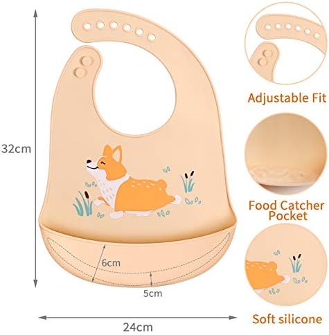 ABirdon Silicone Bibs for Babies, 4 Pack Waterproof Baby Bibs with Roll Up Food Catcher, Easily to Clean, Washable, 6 Adjustable Sizes Soft Silicone Feeding Bibs for Boys and Girls