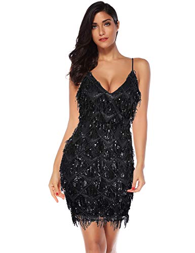 meilun Womens Sequin Fringe 1920s Flapper Inspired Party Dance Dress (Black, XL)