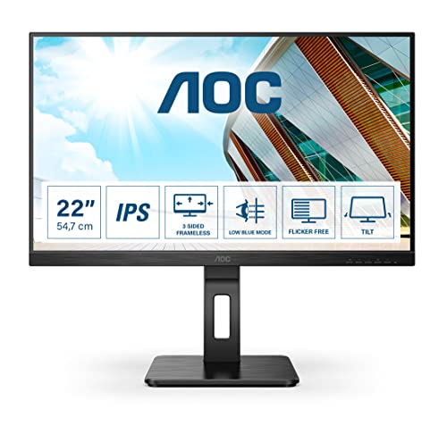 AOC 22P2DU - 22 Inch FHD Monitor, 75Hz, 4ms, IPS USB Hub, Flickerfree, Height Adjust, LowBlue Light (1920x1080 @ 75Hz, 250cd/m², HDMI/VGA/DVI/USB 3.2)