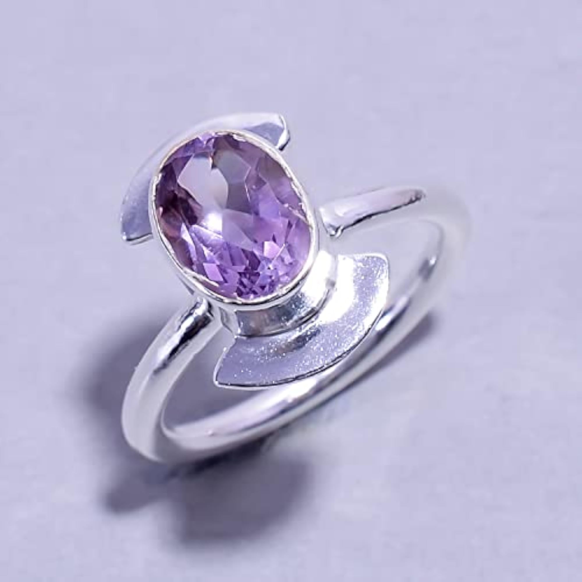 Unisex AAA+ Amethyst Oval Shape Gemstone Ring, 925 Sterling