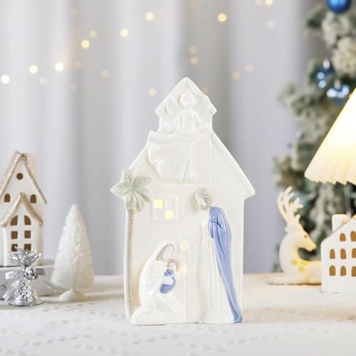 Allbaiyl 10 Inch Ceramic Nativity Set with Light, Nativity Scene for Christmas Indoor White Figurine Holiday Home Tabletop Decorations