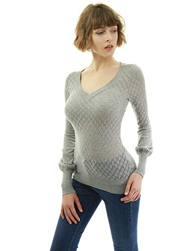AmélieBoutik Women V Neck Semi Sheer Bishop Sleeve Sweater2