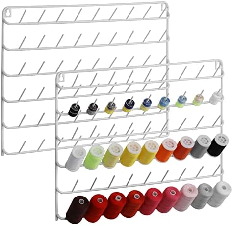 Thread Holder Wall Mount 54 Spools Sewing Thread Rack Embroidery Thread Organizer Rack Sewing Thread Holder White with Hanging Tools for Quilting Braiding Hair Metal 2 Pack