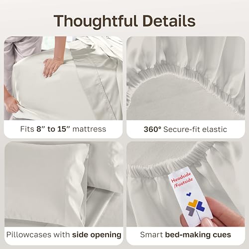Image of California Design Den Split King Sheet Set - 500 Thread Count Sateen, 100% Cotton Split King Sheets Sets for Adjustable Bed, Deep Pockets Bedding, All Around Elastic for a Snug Fit - Eggshell Cream