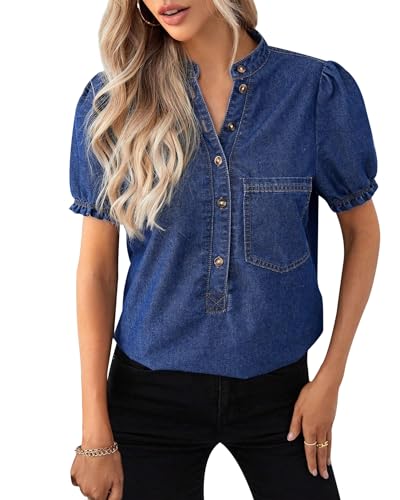 Womens Denim Shirt Casual Button Down V Neck Blouses Puff Short Sleeve Summer Jean Tops