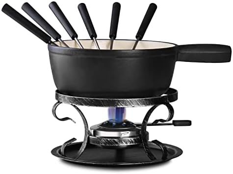 Artestia Cast Iron Cheese Fondue Pot Set, Swiss Traditional Cast Iron Fondue Set For Cheese, Meat & Chocolate (Black Matt)