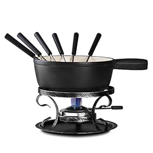 Artestia Cast Iron Cheese Fondue Pot Set, Swiss Traditional Cast Iron Fondue Set for Meat & Chocolate (Black Matt)