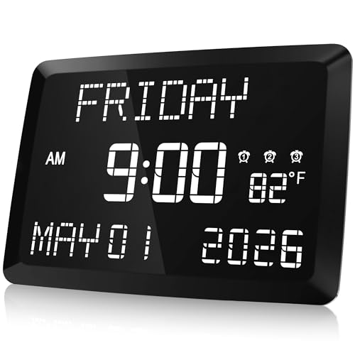 Raynic 11.5" Large-Display Calendar Clock — The largest display here at 11.5" — readable from across a room or doorway — showing day, date, and indoor temperature, with 5 brightness levels, 3 alarms, and 2 USB ports.