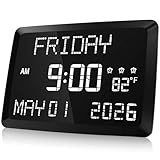 Raynic Digital Clock, 11.5' Large Display Calendar Clock with Day and Date, Indoor Temperature, Adjustable Brightness, Snooze,12/24H, DST for Home, Office, Elderly