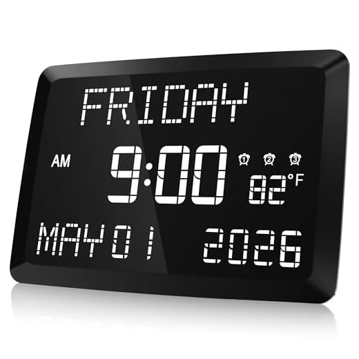 Raynic Digital Clock, 11.5" Large Display Calendar Clock with Day and Date, Indoor Temperature, Adjustable Brightness, Snooze,12/24H, DST for Home, Office, Elderly