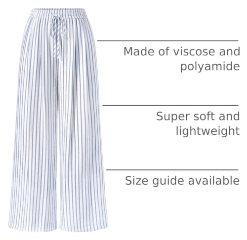 Image of PRETTYGARDEN Womens Pants Elastic Waist Striped Lightweight Palazzo Pant | Casual Lounge Wide Leg Pants Woman with Pockets, Floral Print, Gingham Textured Cute Pants, Drawstring, Flowy Summer Outfits