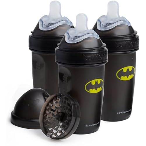 Herobility Anti-Colic Baby Bottles 8.5 fl oz/240ml - Pack of 3 Plastic Baby Bottles, Fast Flow Plastic Bottles, Breast-Shaped Teat for Breastfed Babies, Small Baby Bottles, Swedish Design, Batman