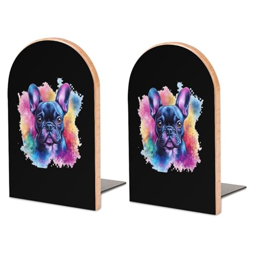 Image of Watercolor French Bulldog Wooden Book Ends Heavy Duty Non-Slip Bookends for Shelf Office Home Universities Dormitories