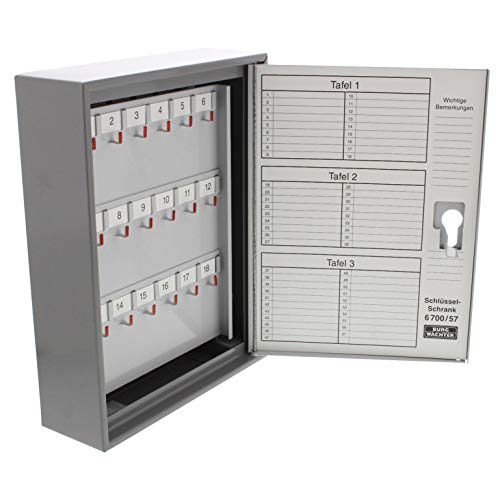 Burg-Wächter Schlüsselschrank zur Wandmontage, vorgerichtet für Profil-Halbzylinder (Normallänge), ohne Zylinder, 57 Haken, Türanschlag rechts, Stahlblech, 6700/57 R V-PZ, Dunkelgrau/Hellgrau
