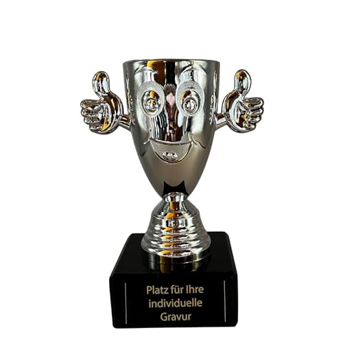 eberin Trofeo de plata de 13 cm, 360 g, divertido trofeo con el pulgar hacia arriba, incluye placa grabada, copa divertida para juegos, eventos y fiestas infantiles