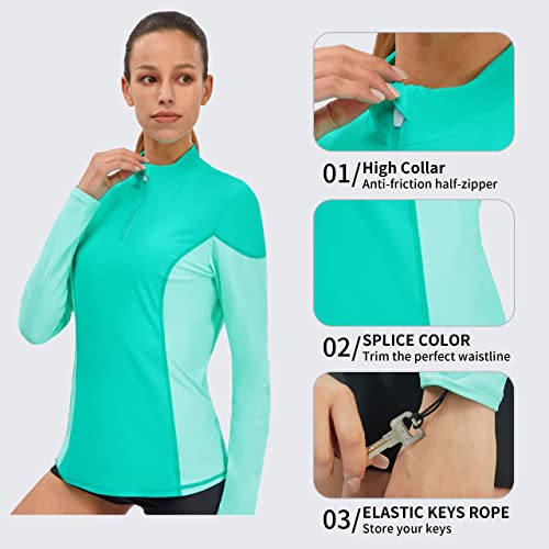 Rash Guard For Women Long Sleeve Swim Shirts Womens Rashguard Uv Spf 50 Sun Protection Surf Diving Zip Up Shirt-Green Blue Mix-L #TOP2
