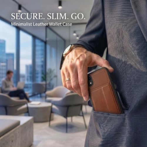 Image of amazon basics Luxury Vegan Leather Back Cover for iPhone XR | Built-in Card Holder Slot | Integrated Mobile Stand | Slim Shockproof Protective Case with Stitched Finish - Brown