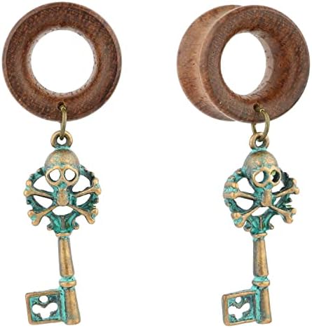 Balala 00G 10mm Verdigris Antique Brass Skull Key Wood Dangle Ear Gauges Piercing Flesh Tunnels Plugs Statement Earrings