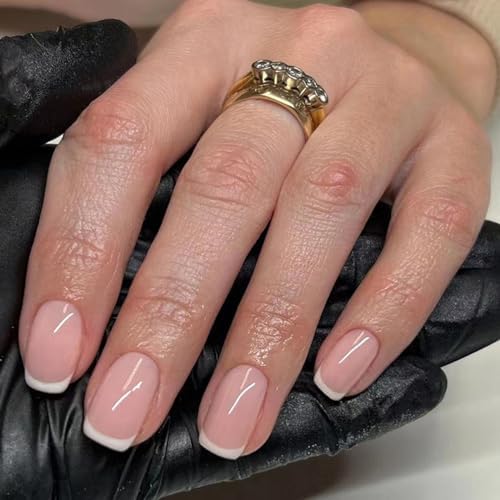 24 Pezzi Unghie Finte Corte Quadrate, Adesive Francese Press on N...