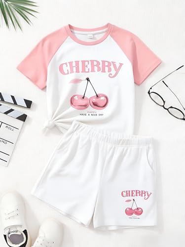 Image of KIDLAGA Girls Two Piece Sets Cherry Pattern Short Sleeve Shirts and Shorts Set With Pockets Girls Summer Outfits Size 7-14