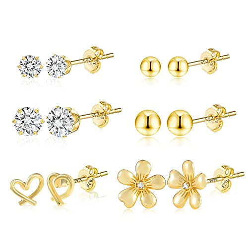 Earring Sets for Multiple Piercing 14K Gold Plated Studs Earrings Set Hypoallergenic 925 Sterling Silver Post Ball Studs Earing for Women