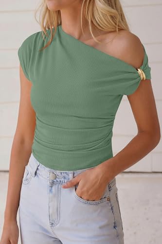 PRETTYGARDEN Womens Summer Off The Shoulder Crop Tops Ribbed Going Out Fitting T Shirts Trendy Spring Y2k Clothes 2026(Fruit Green,XX-Large) — view 2