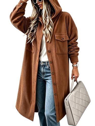 CHICZONE Womens Long Corduroy Hooded Shacket Jacket Brown XL | Oversized Fit,Button Down,Long Shirt Jackets,Flannels Hoodie Coat, with Hood & Pockets,Casual Outerwear,Fall Outfits 2026
