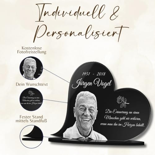 CHRISCK design Edles Gedenkstandbild Gedenktafel mit Gravur Fotogravur | Grabstein Herz-Form liegend in 2 Größen Grabschmuck graviert für Menschen Grabplatte | im Kerzenschein schön Leuchtend