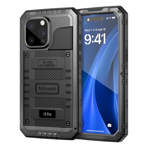 Mitywah Waterproof Case for iPhone 15 Pro, Heavy Duty Shockproof Case with Built-in Screen Protector, Full Body Underwater Protective Metal Case 6.1 inch, Black by Mitywah - Used condition - US$30.37