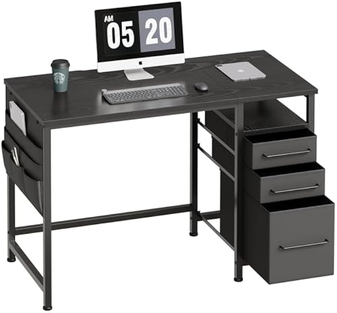 Ｍａｉｈａｉｌ Maihail Small Desk with Drawers, 40 inch Computer Desk with Shelves, Writing Desk with Storage, Small Office Desk with Metal Frame, Black