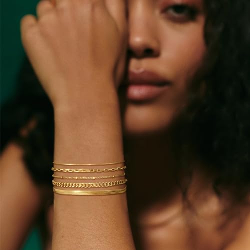 Bracelet for Women - Dainty Stack Bracelets Trendy Adjustable 14K Gold Plated Thin Paperclip Bead Box Satellite Figaro Cuban Link Chain Bracelet Set for Women Waterproof Jewelry Gift