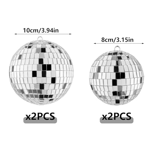 4 PCS 3 Inch 4 Inch Disco Ball Party Decorations Reflective Mirror Ball 70s Disco Themed Ornaments for Christmas Tree Cake Decor